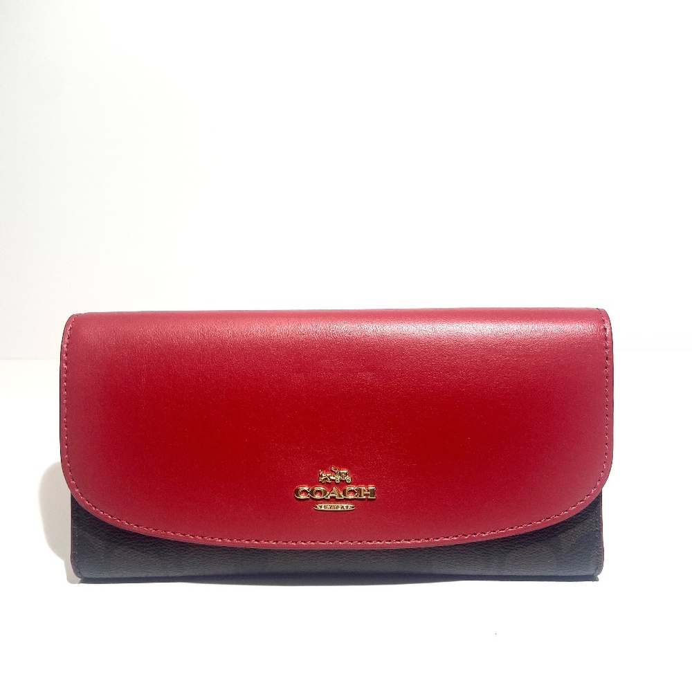 COPY - Coach Signature Canvas Checkbook Wallet- Brown True Red